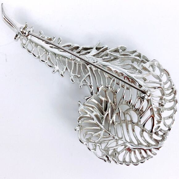 VTG Signed SAC Mid Century Brooch Silver Tone Openwork Feather Leaf - Picture 11 of 11
